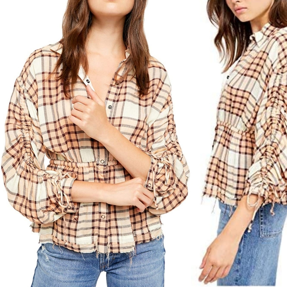 NWT Free People We the Free Pacific Dawn Plaid Shirt Wool Blend